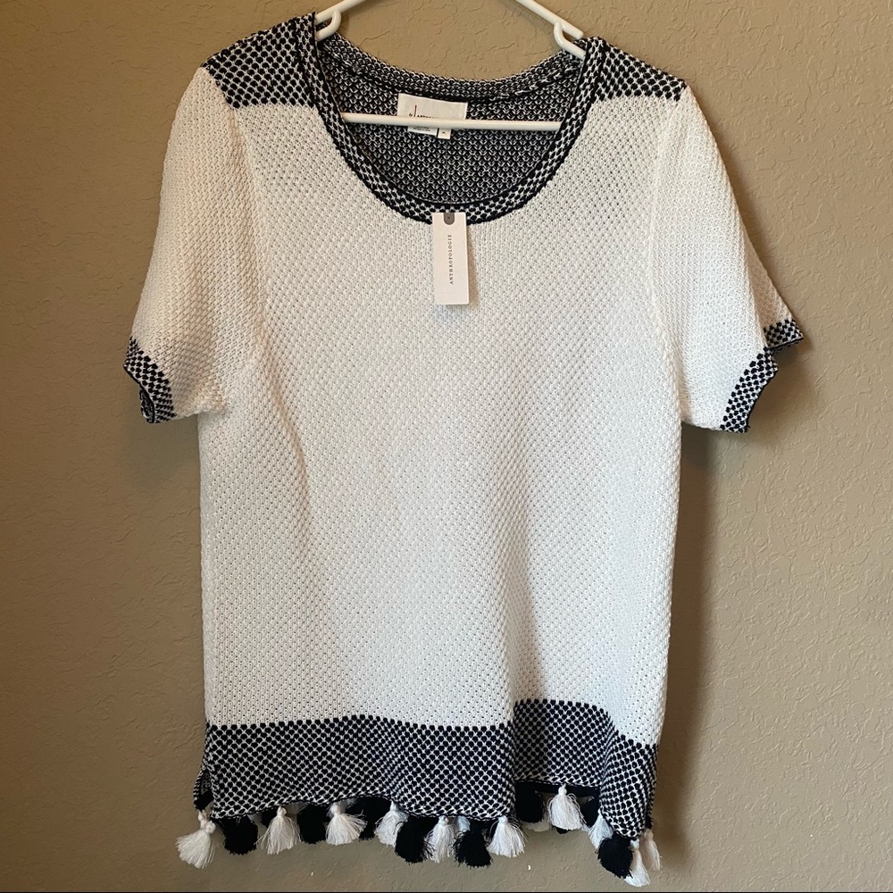 Anthropologie XL Black and White Tasseled Top NWT